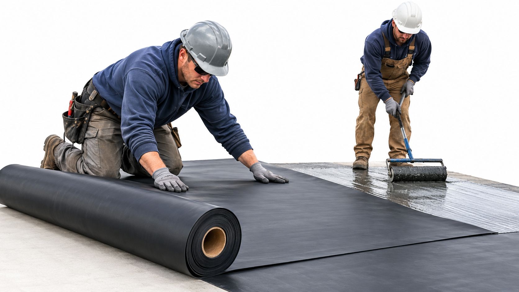 Two construction workers in safety gear applying black EPDM rubber roofing membrane to a roof surface.