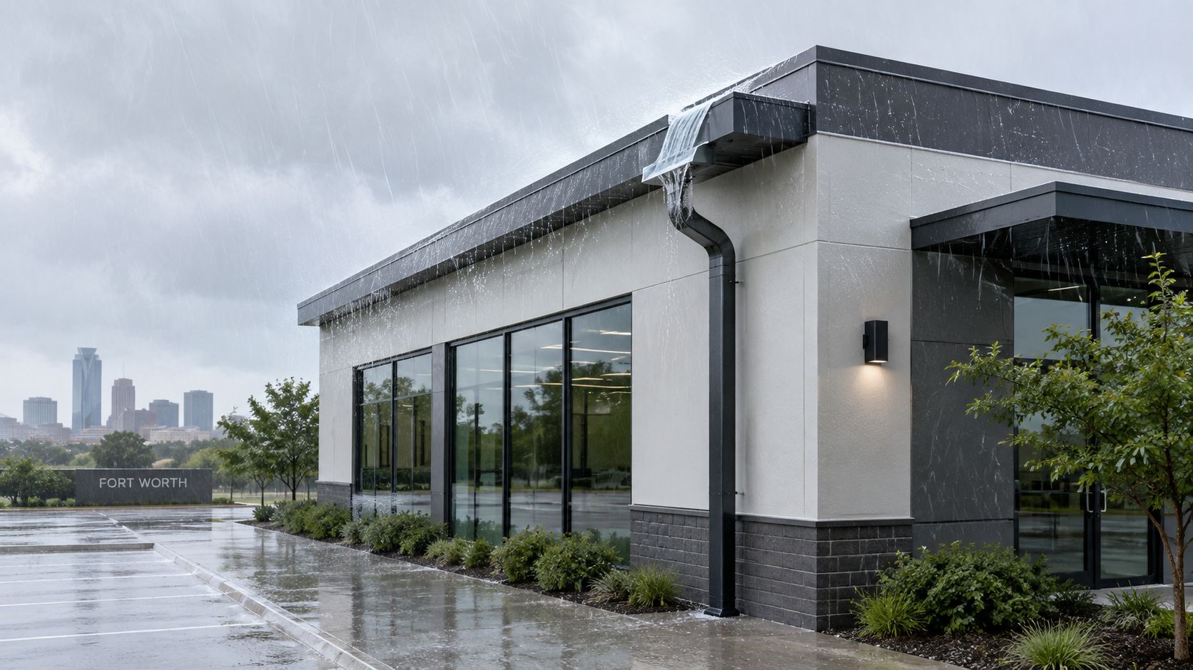 A modern commercial building exterior features an efficient scupper and downspout drainage system during a heavy rainstorm.