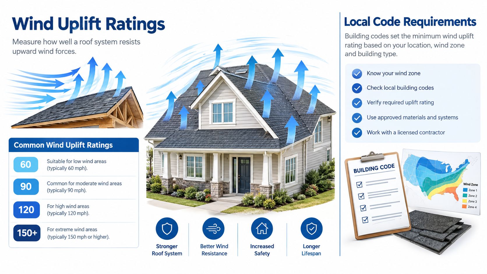 A descriptive infographic explaining roof wind uplift ratings and their importance for building safety and codes.