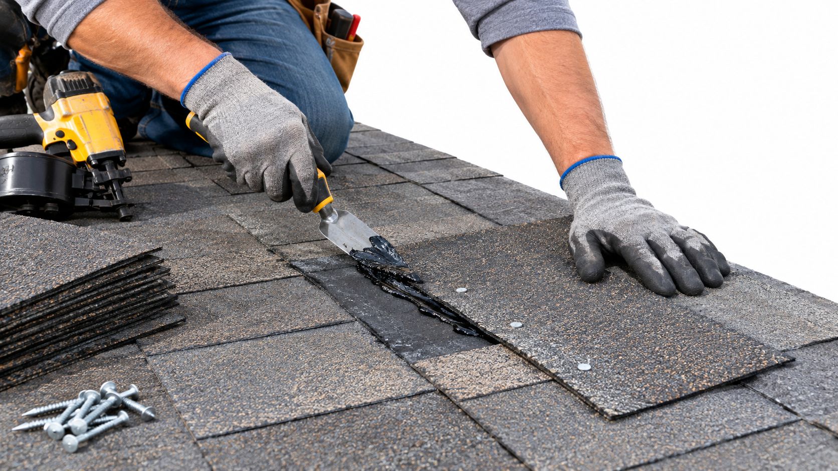 A roofer applying adhesive sealant under a asphalt shingle for a roof leak repair project.