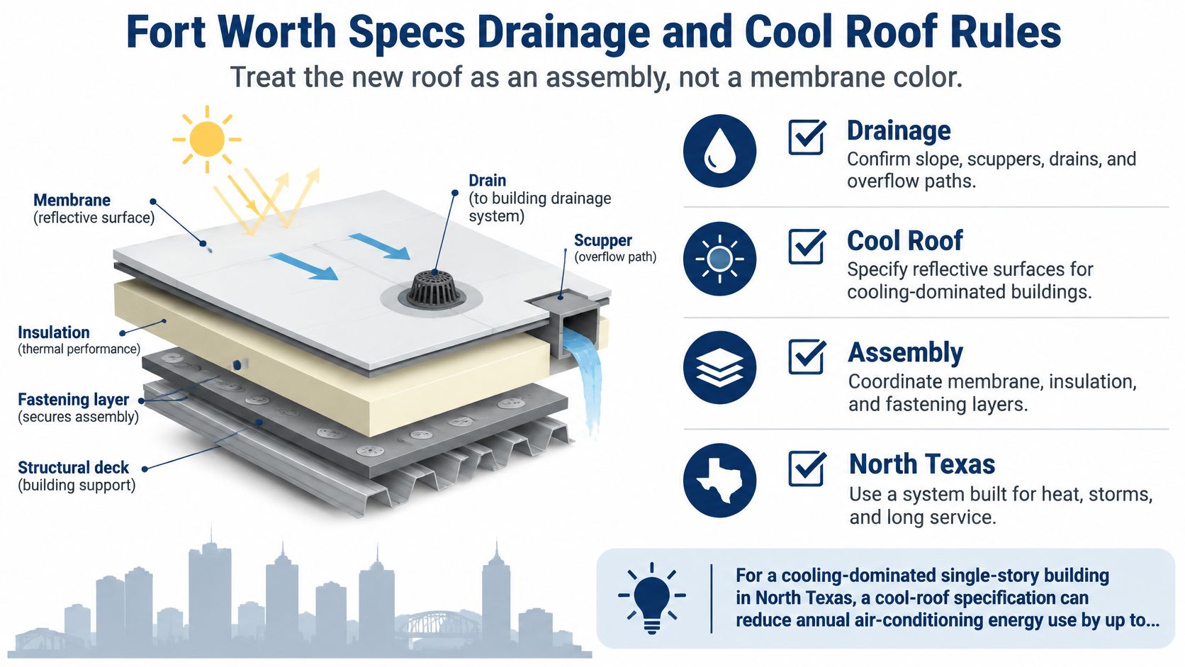 A diagram illustrating the components of a commercial roof assembly, including drainage, insulation, and cool roof specifications.