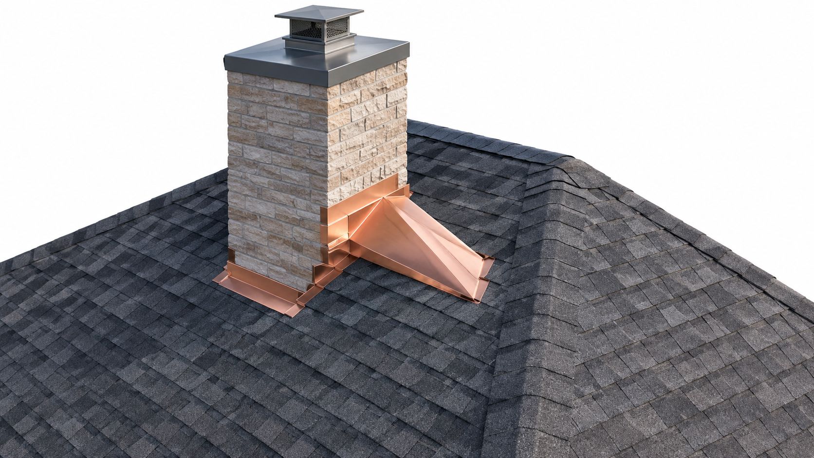A close-up view of a stone chimney with copper flashing installed on a shingled roof.