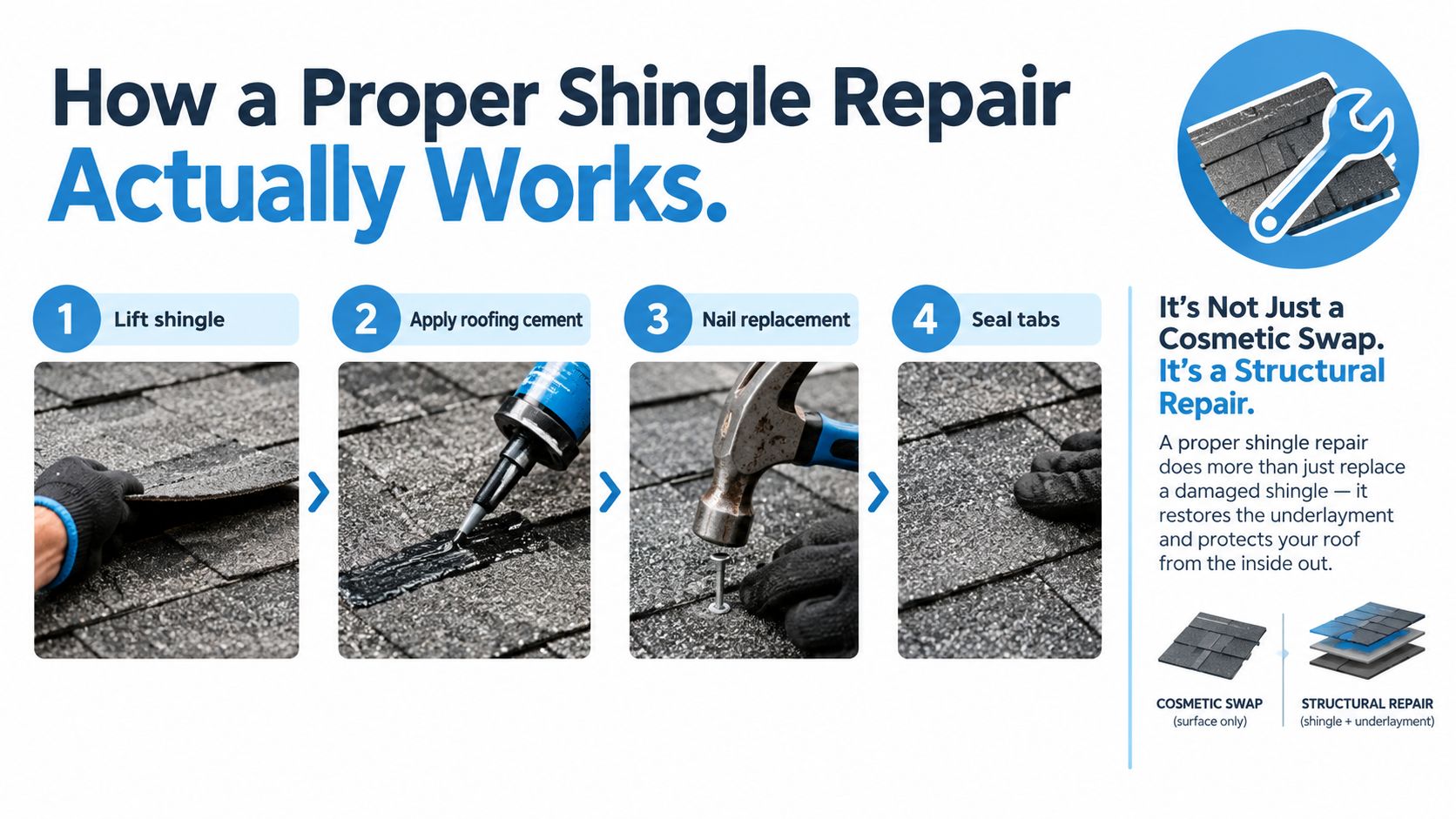 A four-step infographic illustrating the professional roof shingle repair process from lifting to sealing tabs.
