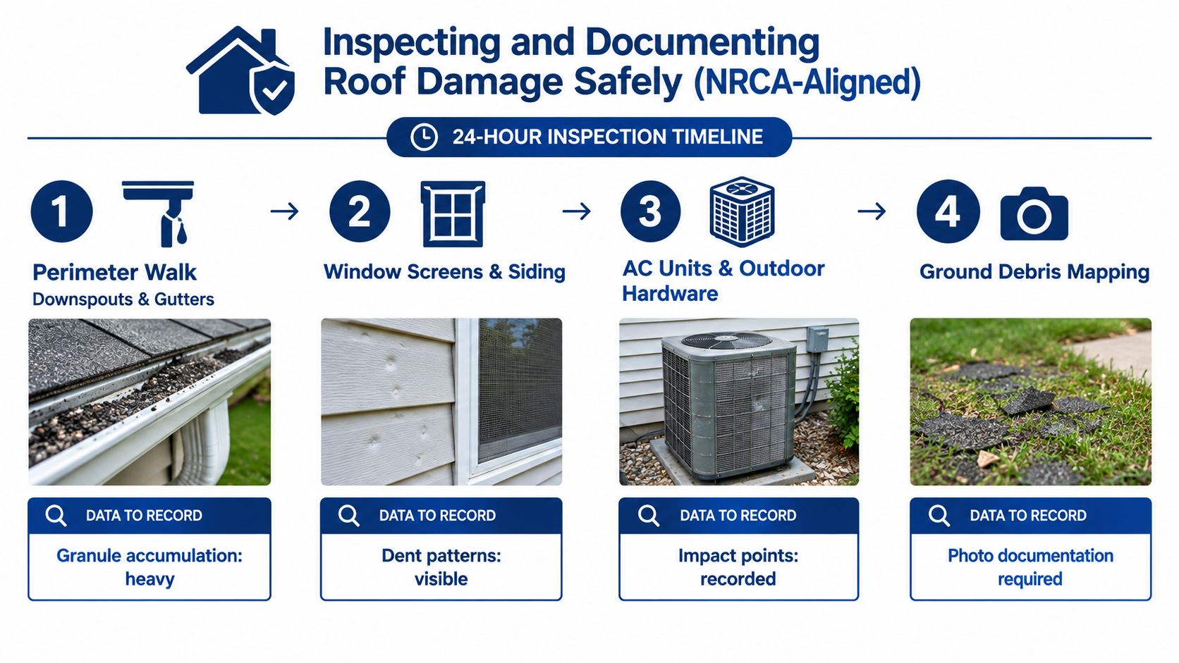 An infographic showing a four-step guide for safely inspecting and documenting roof damage after a storm.