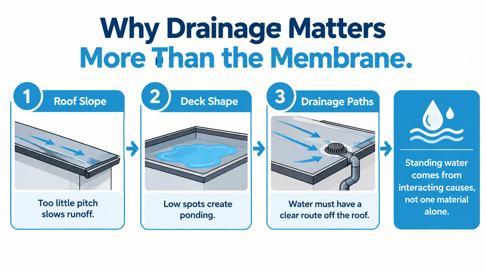 A diagram explaining three critical drainage factors for roofs: slope, deck shape, and clear drainage paths.