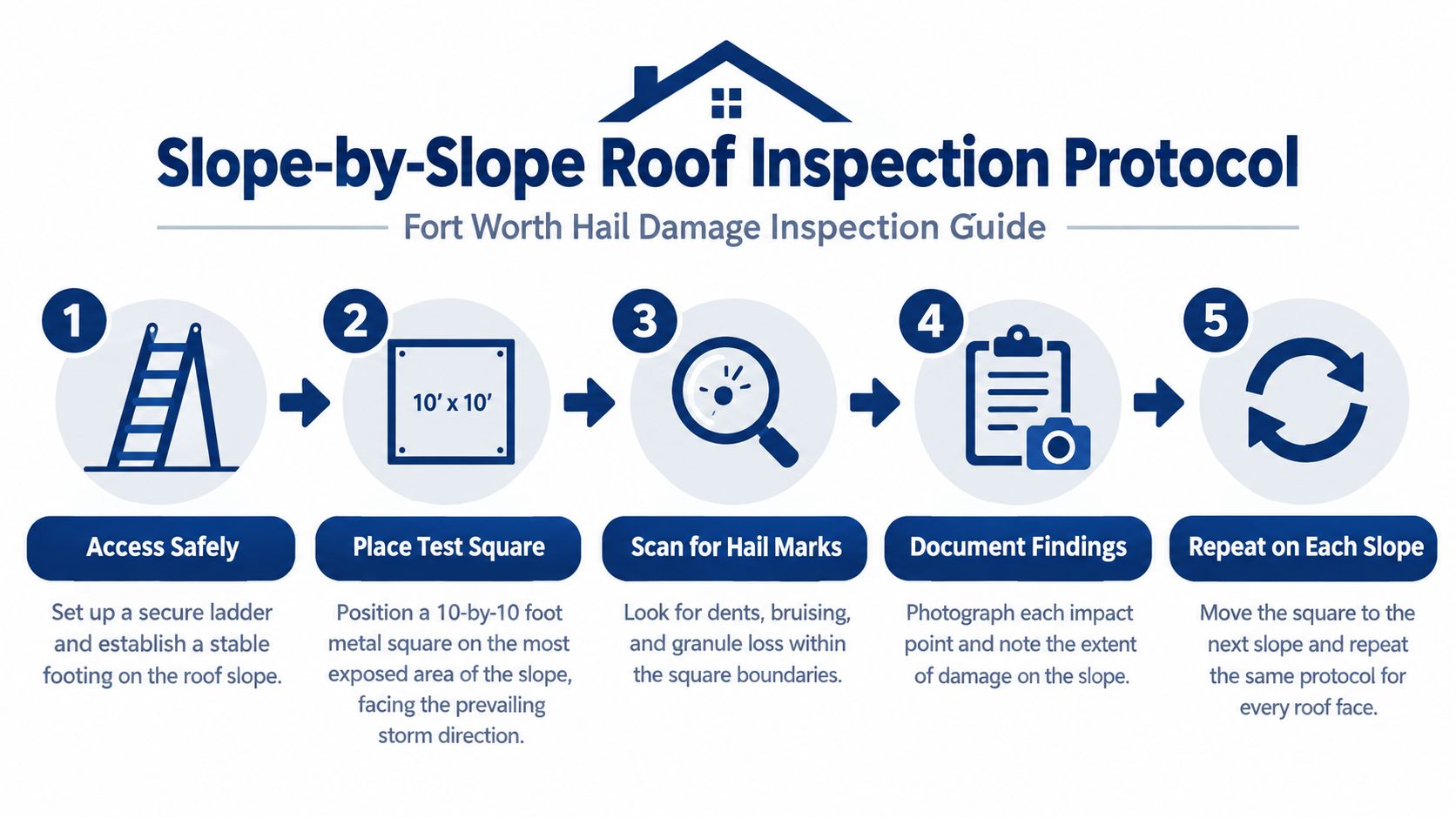 A five-step infographic illustrating a professional roof inspection protocol for identifying hail damage on roof slopes.