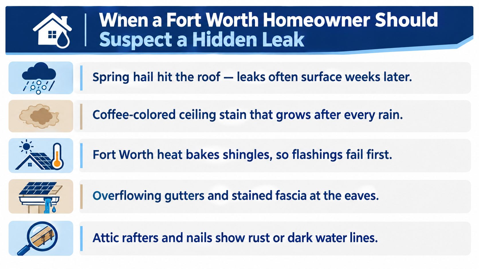 A list of five warning signs that a Fort Worth homeowner should suspect a hidden roof leak.