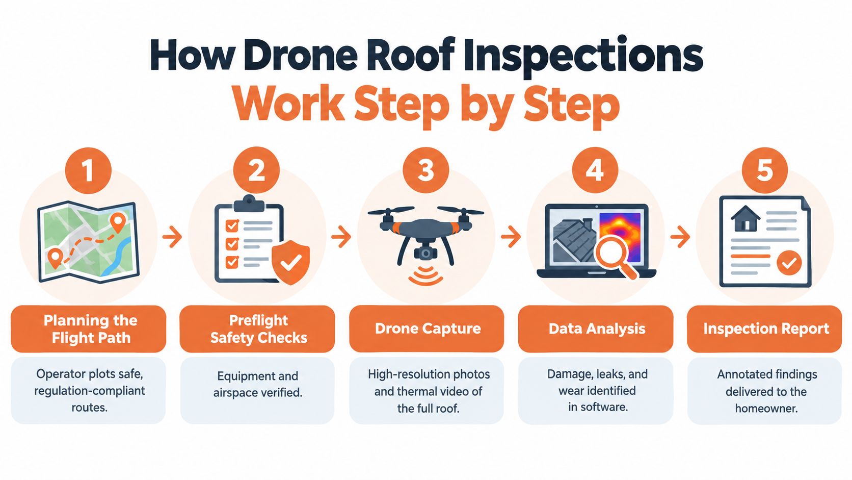 A five-step infographic showing the drone roof inspection process, from flight path planning to final reporting.