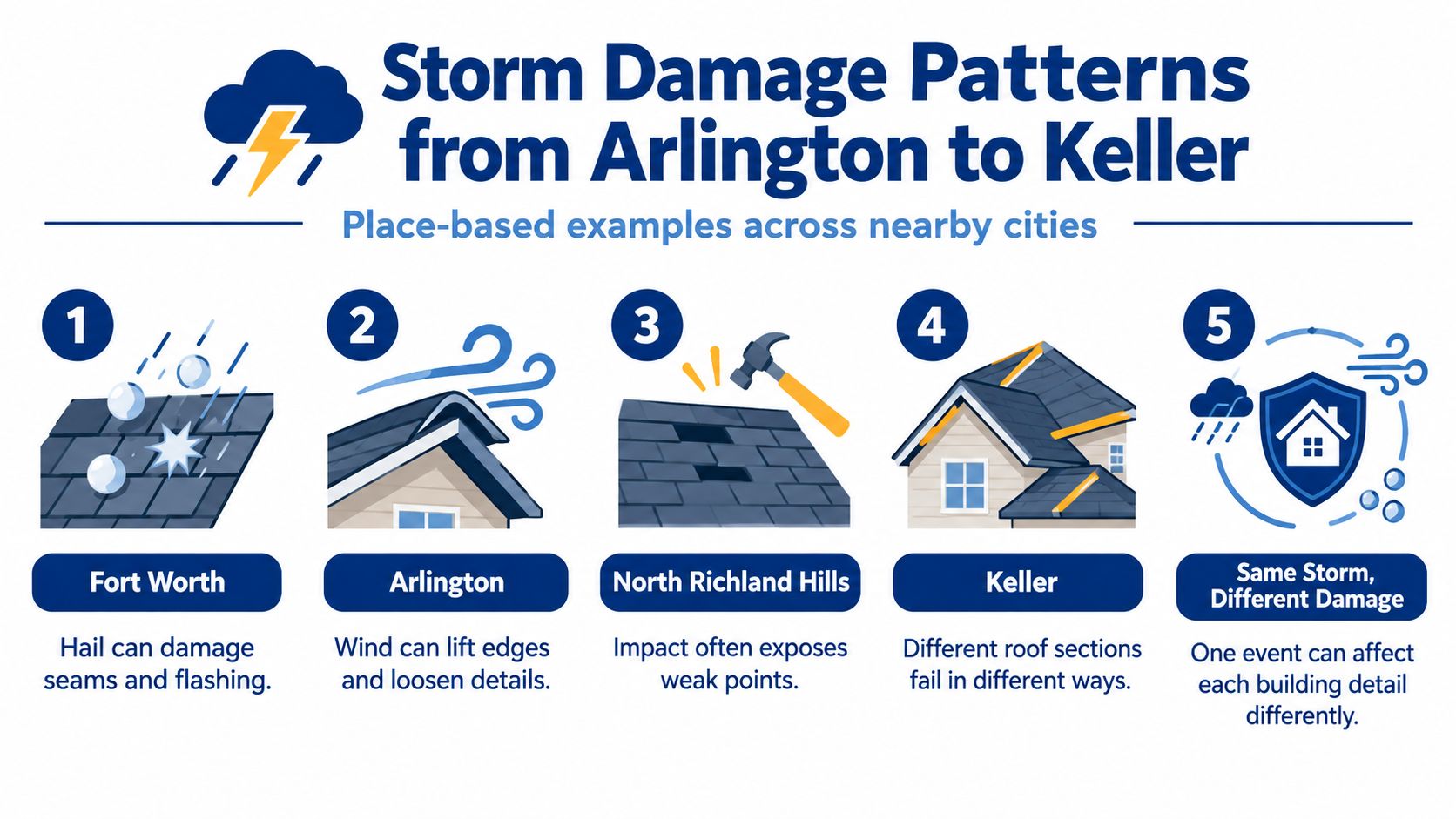 An infographic illustrating various storm damage patterns on residential roofs across cities like Fort Worth and Arlington.