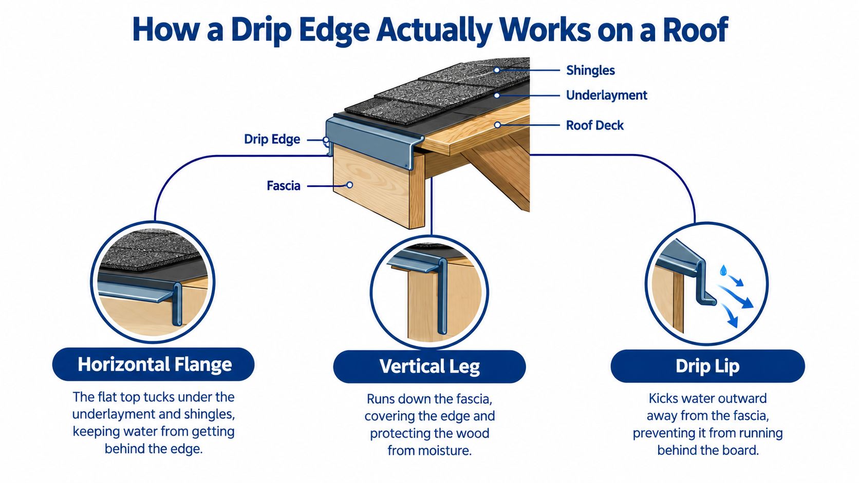 A diagram illustrating the function of a metal drip edge installed on a residential roof structure.