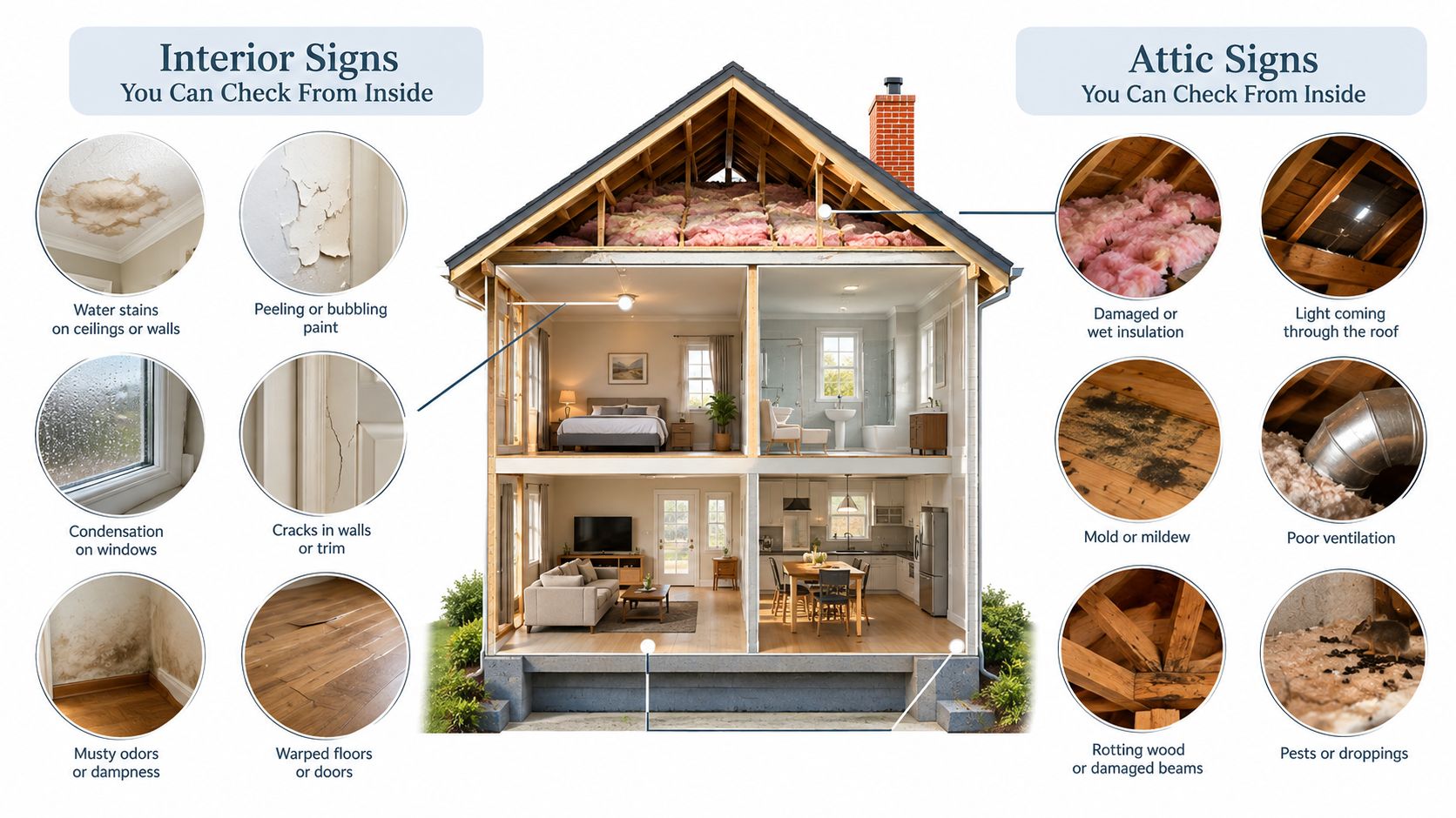 A diagram illustrating common interior and attic warning signs that indicate a possible home roof leak inspection.
