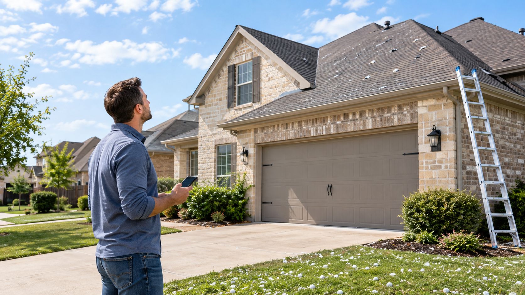 A man using a smartphone to inspect hail damage on a residential roof in Frisco, Texas.