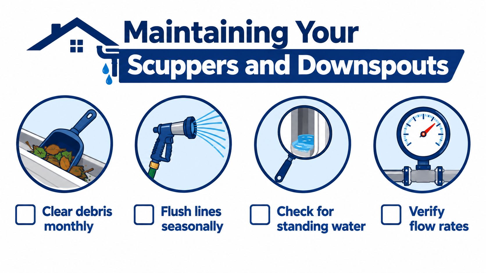 A maintenance guide for scuppers and downspouts showing four essential steps to keep gutters free and functioning properly.
