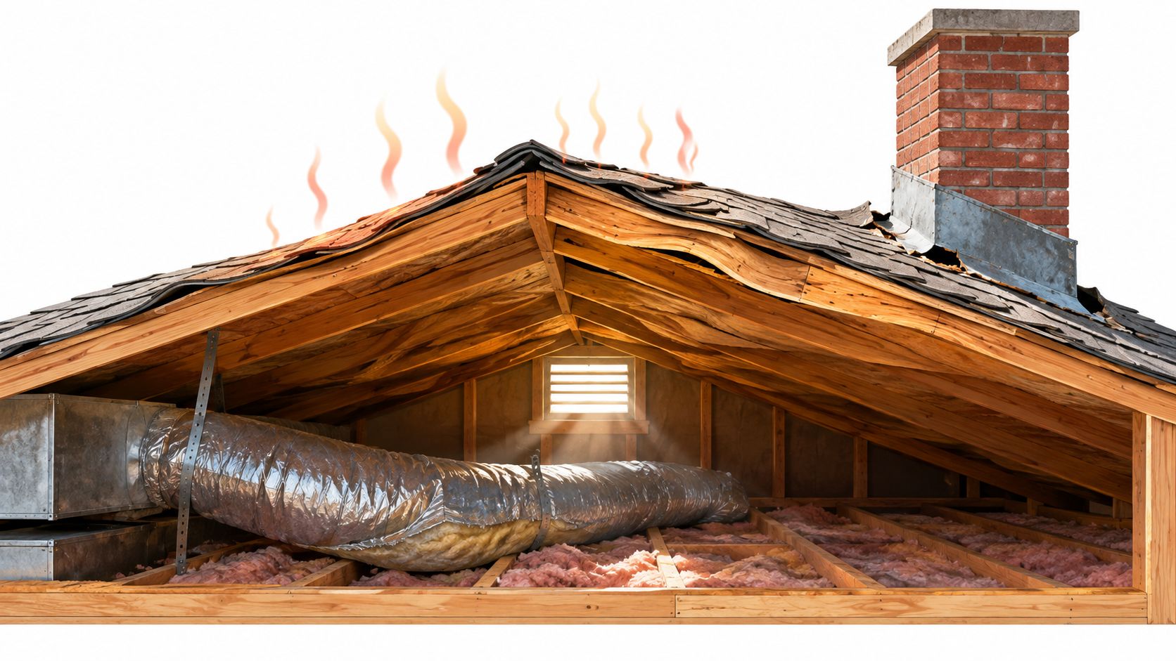 A cutaway view of an attic space showing fiberglass insulation, silver ductwork, and heat radiating from roof.