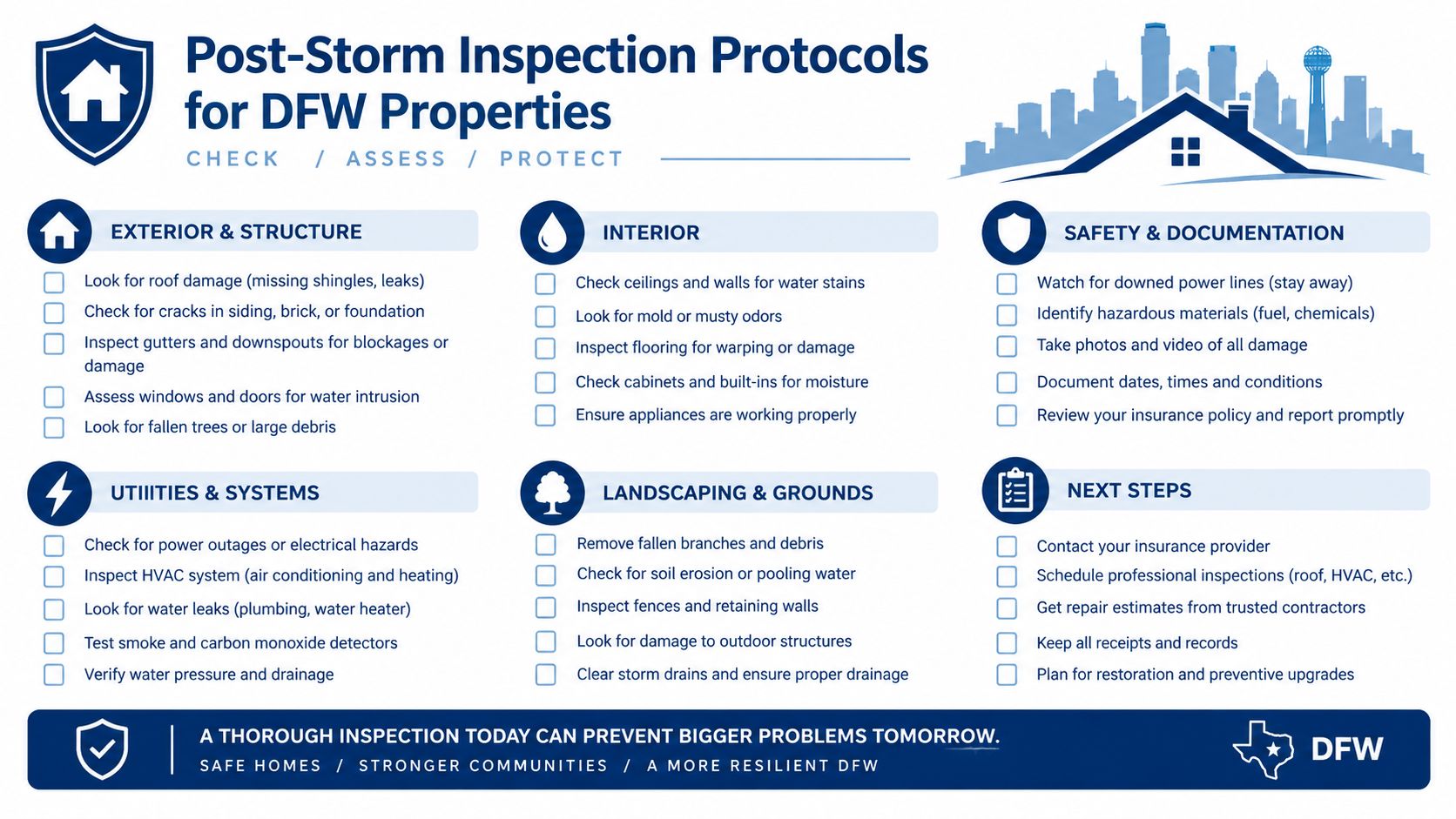 A checklist infographic titled Post-Storm Inspection Protocols for DFW Properties outlining safety steps for homeowners.