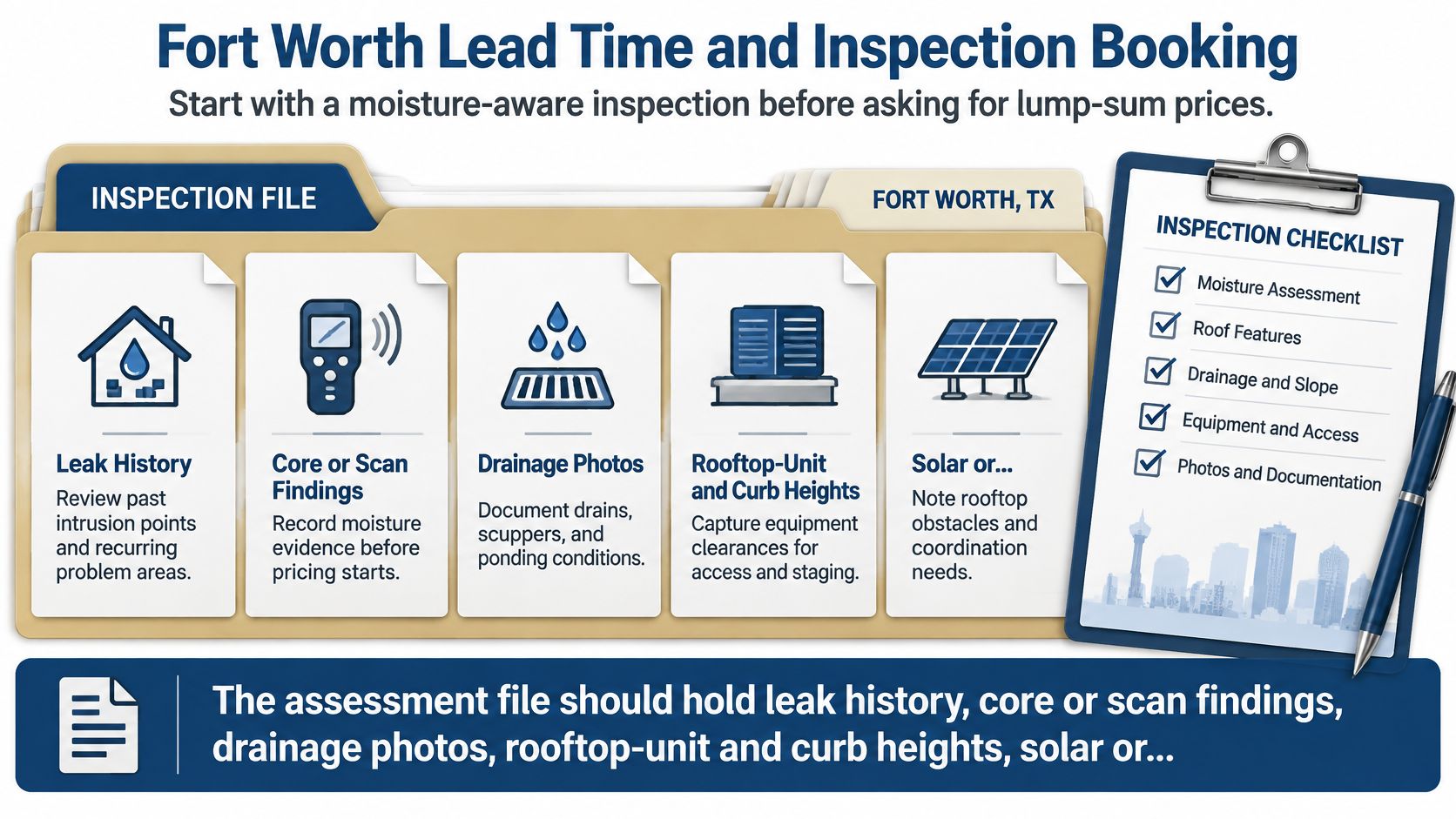 A checklist infographic for Fort Worth commercial roof inspections highlighting essential documentation for accurate project planning.