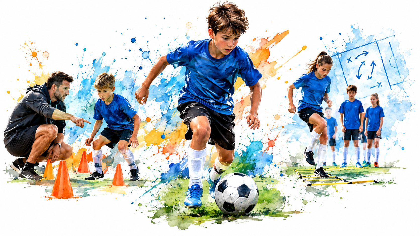 Young soccer players undergoing professional training with their coach on a practice field with various sports equipment.