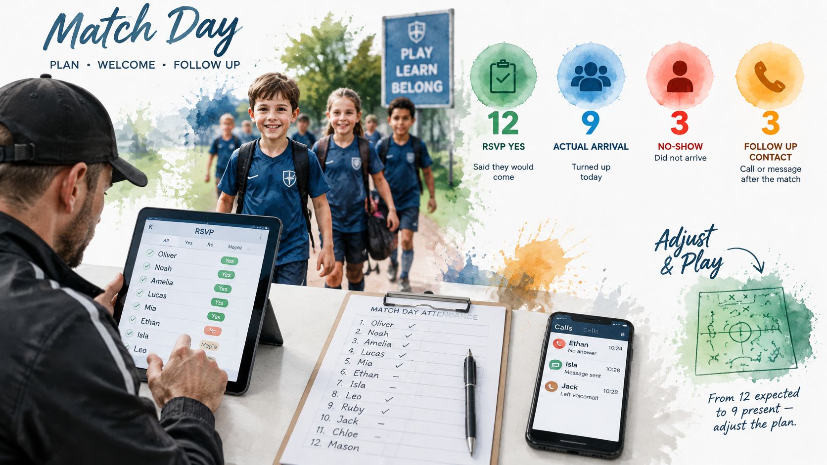 A coach checking soccer match day attendance on a digital tablet with player information and statistics displayed.