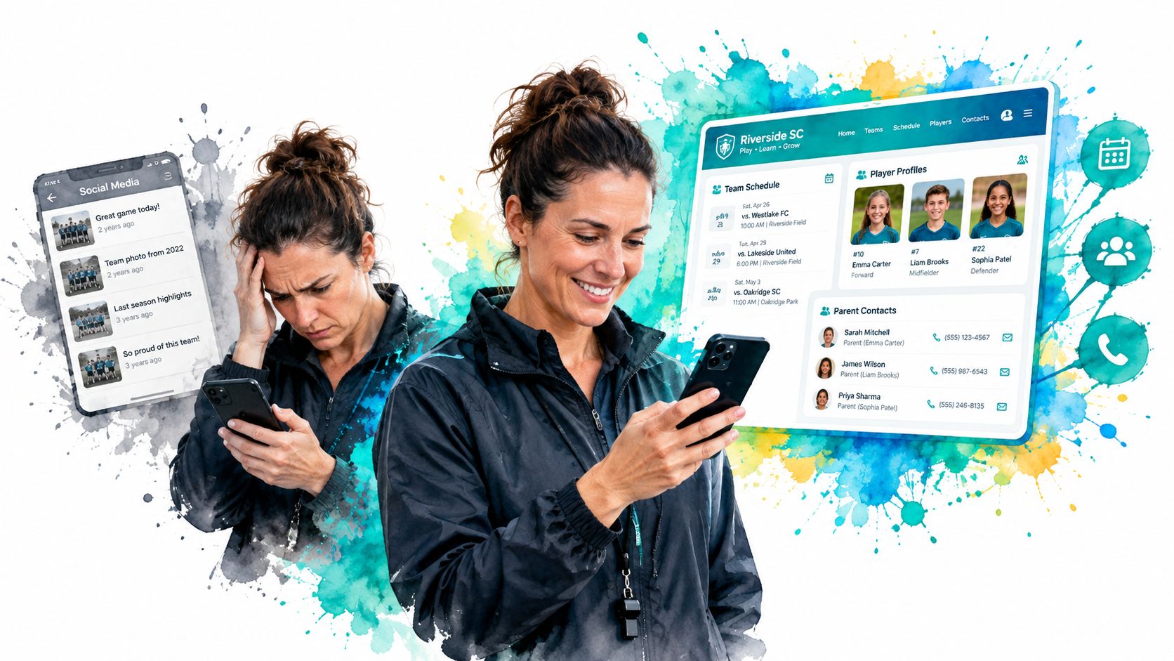 A split image showing a stressed coach using a phone versus a smiling coach using club software.