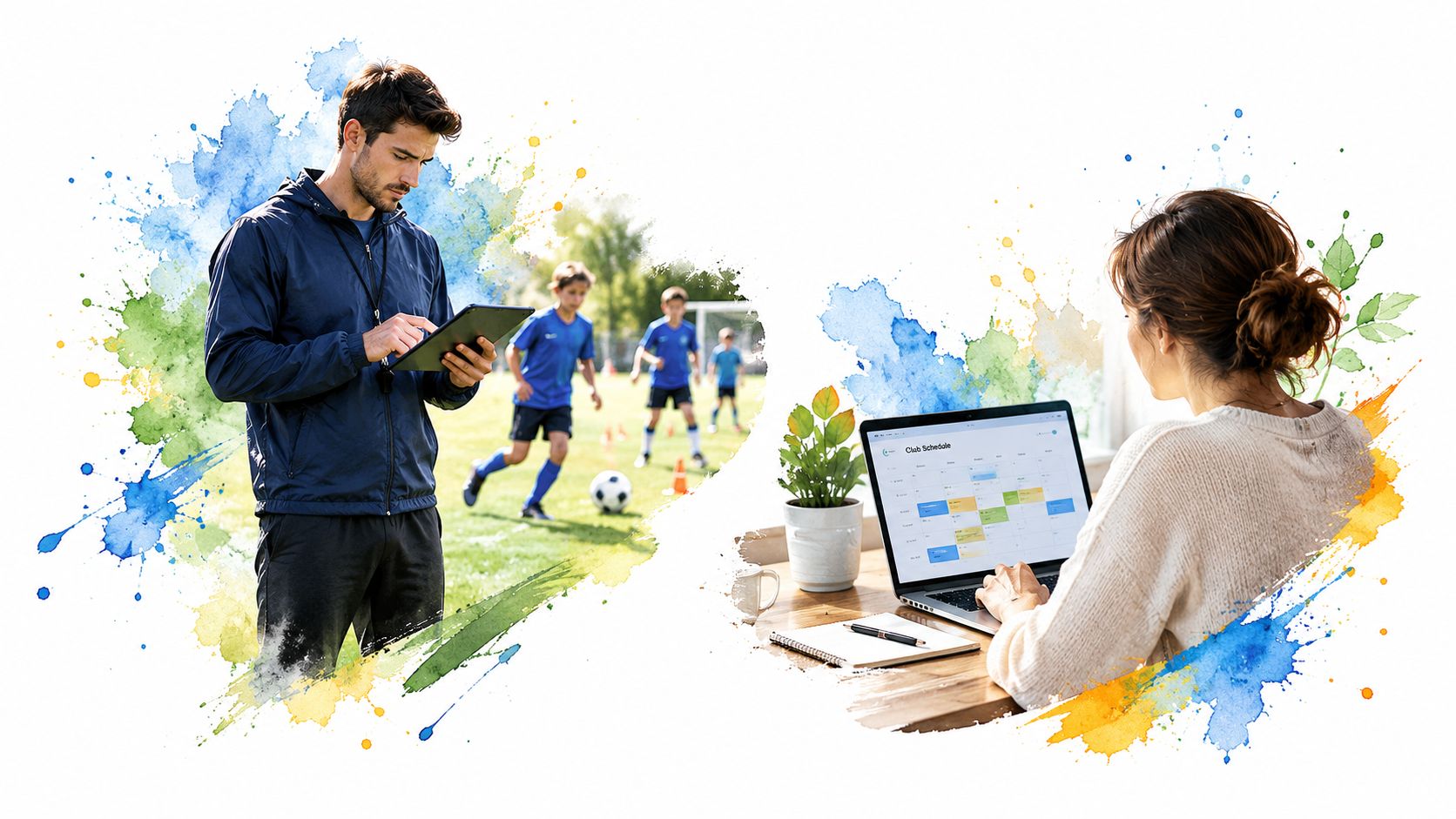 A sports coach using a tablet on a field and an administrator managing schedules on a laptop.