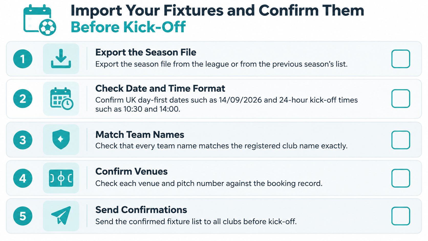 An infographic checklist guiding users through importing and confirming sports season fixtures before kickoff in five steps.