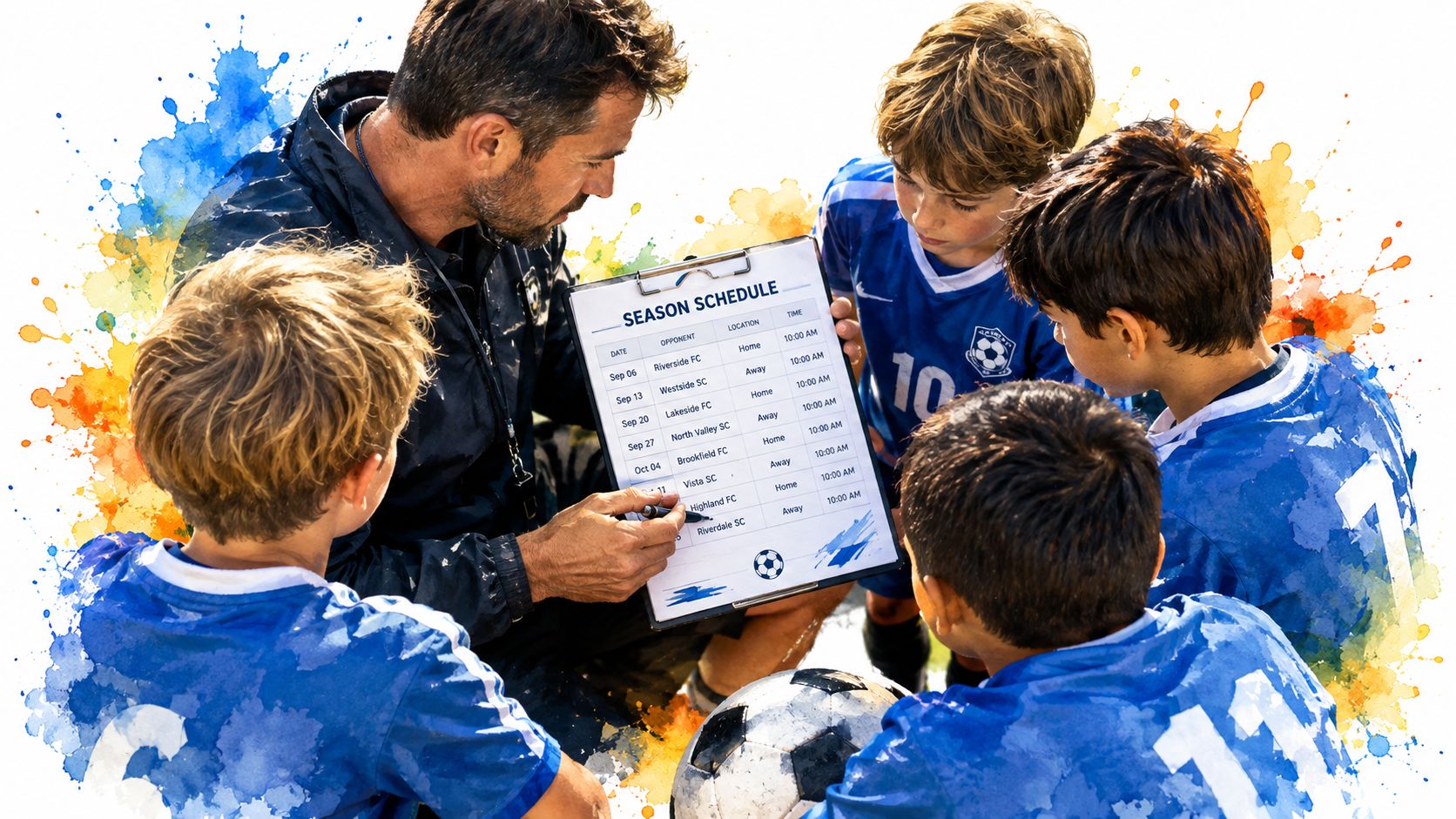 A soccer coach reviews the season schedule with his youth team while pointing at a clipboard.