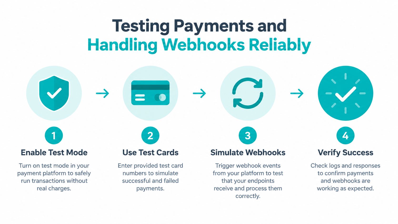 A step-by-step infographic illustrating how to test payment integrations and handle webhooks in a software platform.