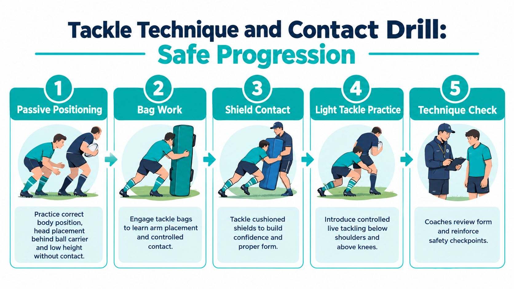 A diagram illustrating a five-step safe progression for learning rugby tackle techniques and contact drills.