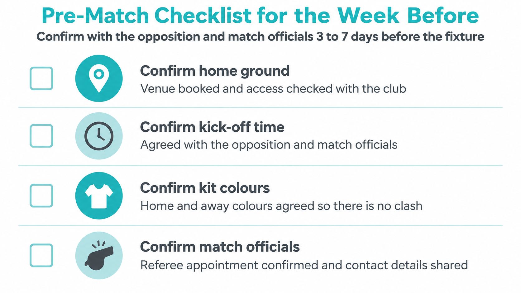 A checklist for sports team managers to complete three to seven days before a match fixture.