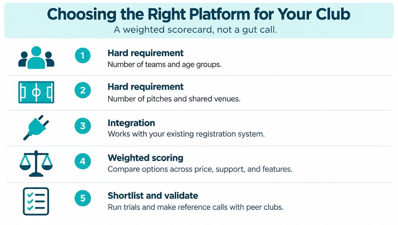 A five-step infographic guide on choosing the right software platform for a sports club organization.