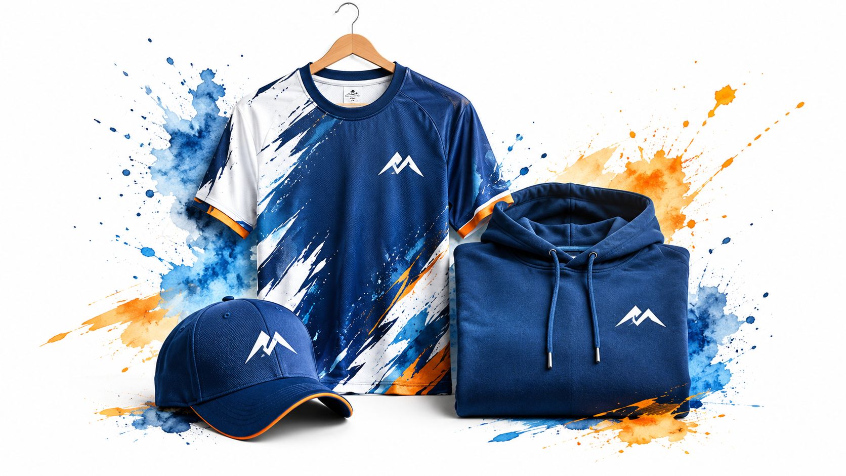 A sports team merchandise set including a blue t-shirt, a matching hoodie, and a baseball cap.