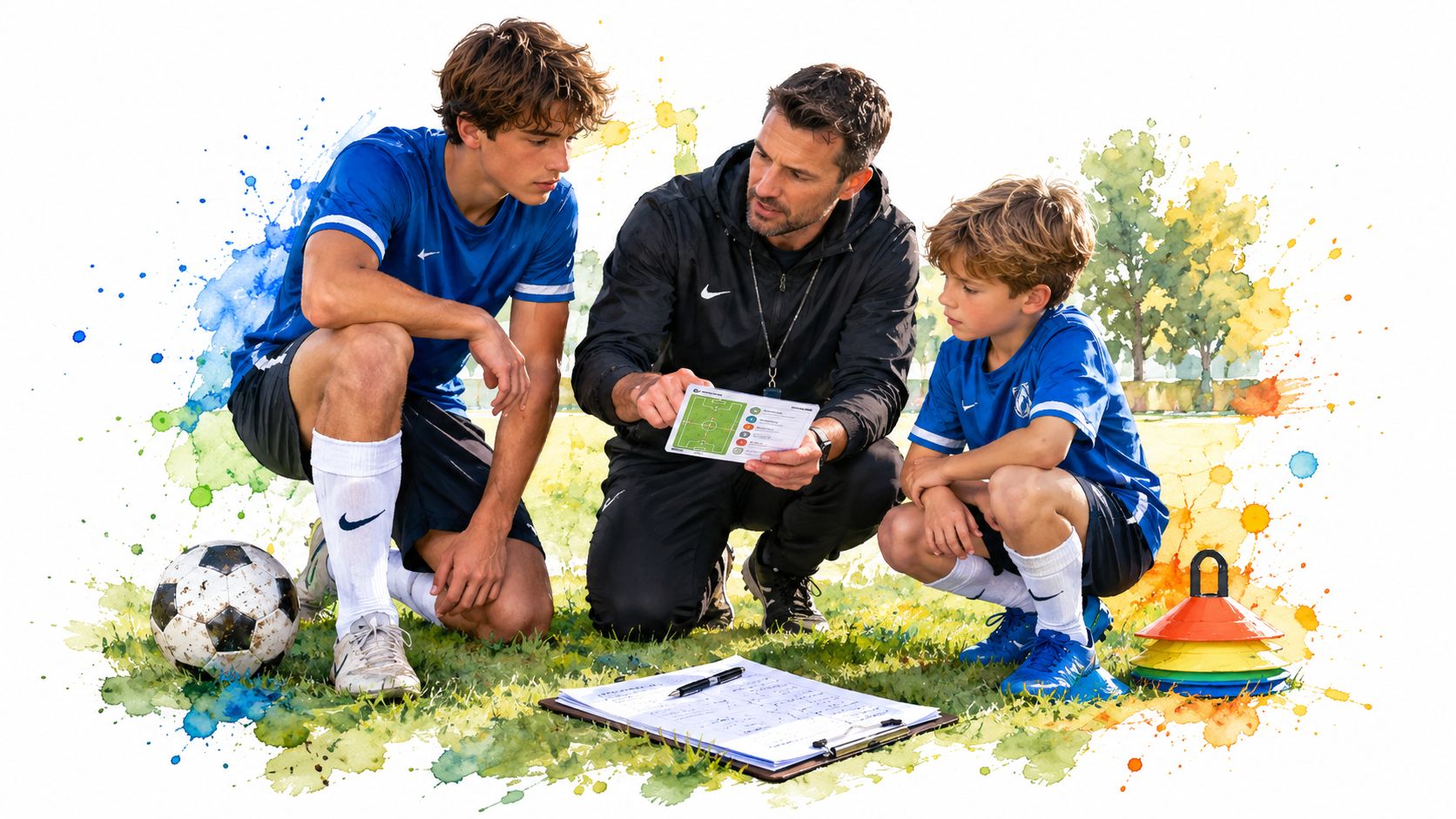 A soccer coach explains a training strategy using a tactical board to two young football players.
