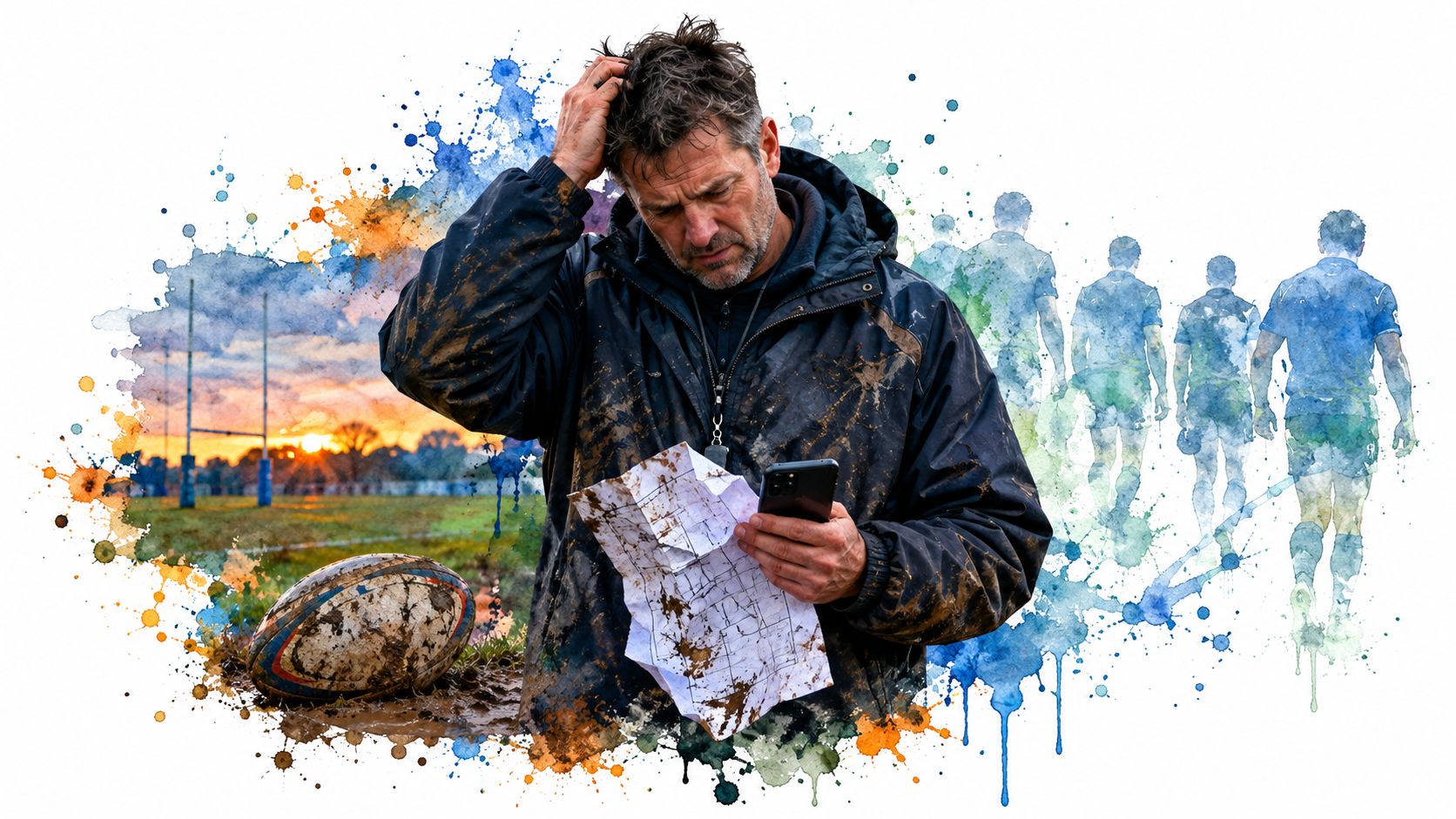 A distressed rugby coach in muddy gear looks at a tactical plan and his phone after a match.