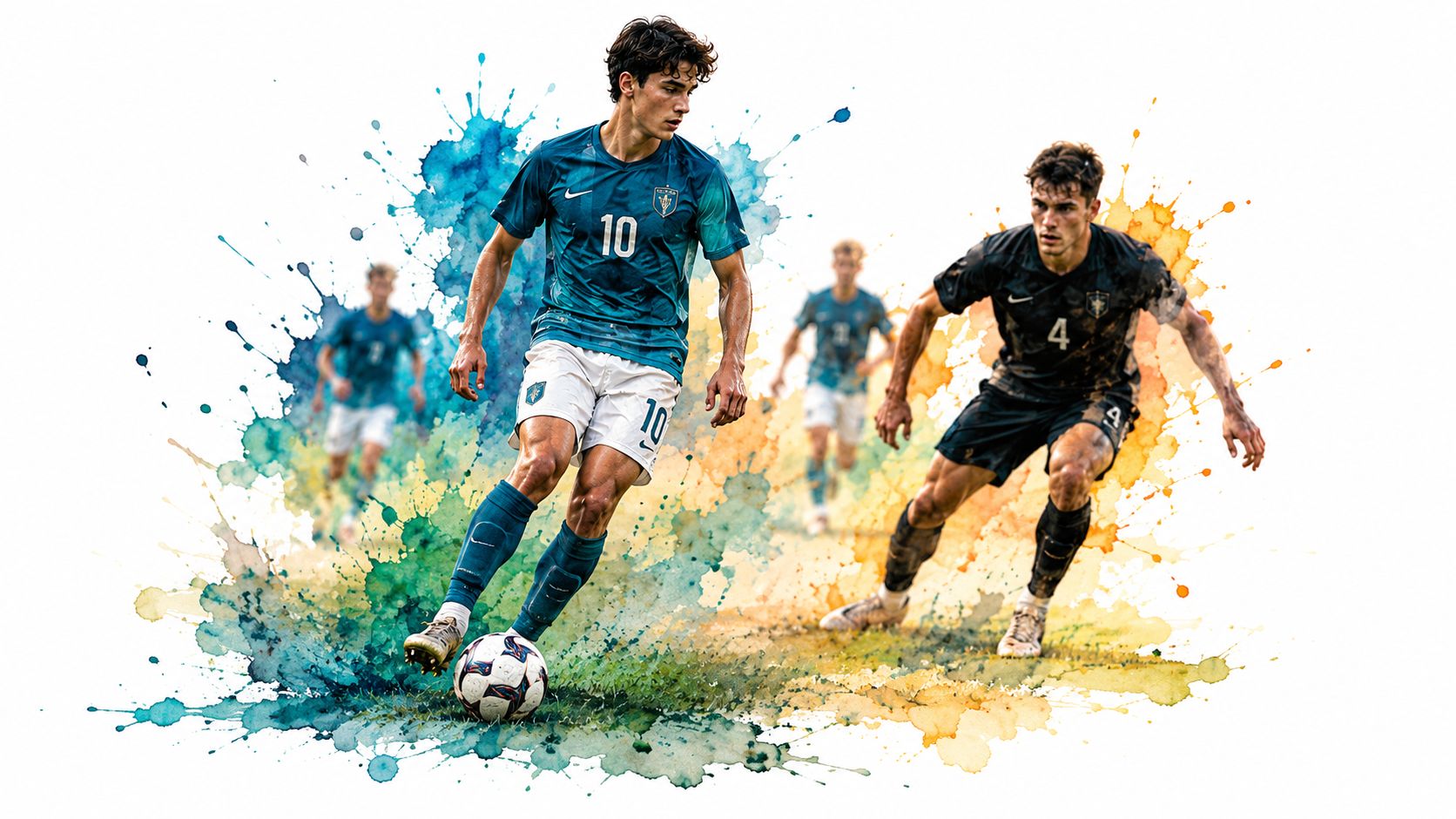A professional football player in a blue jersey dribbling a soccer ball during a high-intensity training drill.