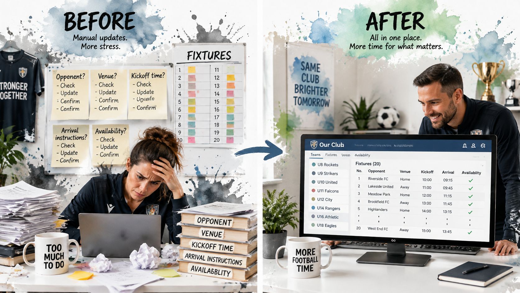 A split image comparing a stressed sports administrator using manual paperwork versus using automatic scheduling software on a computer.