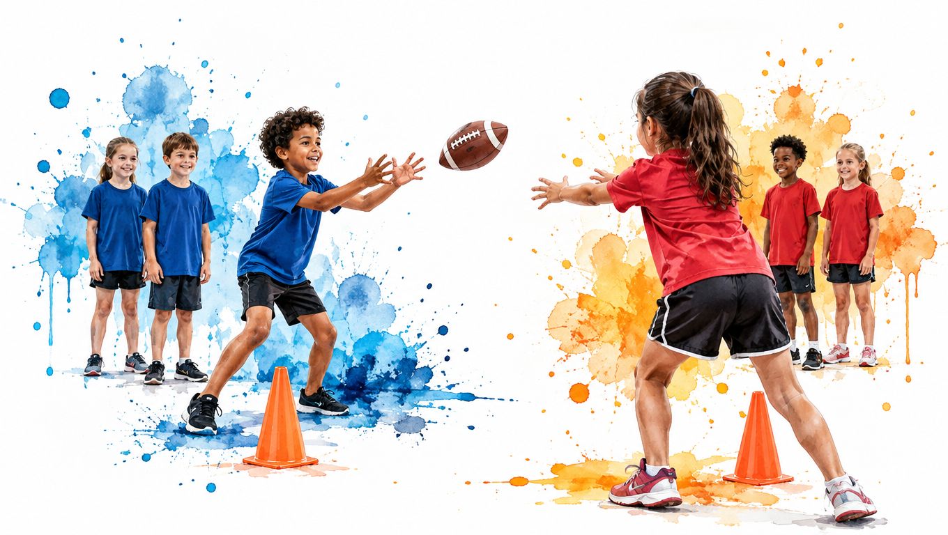A diverse group of children practice football passing drills with orange training cones on a colorful background.