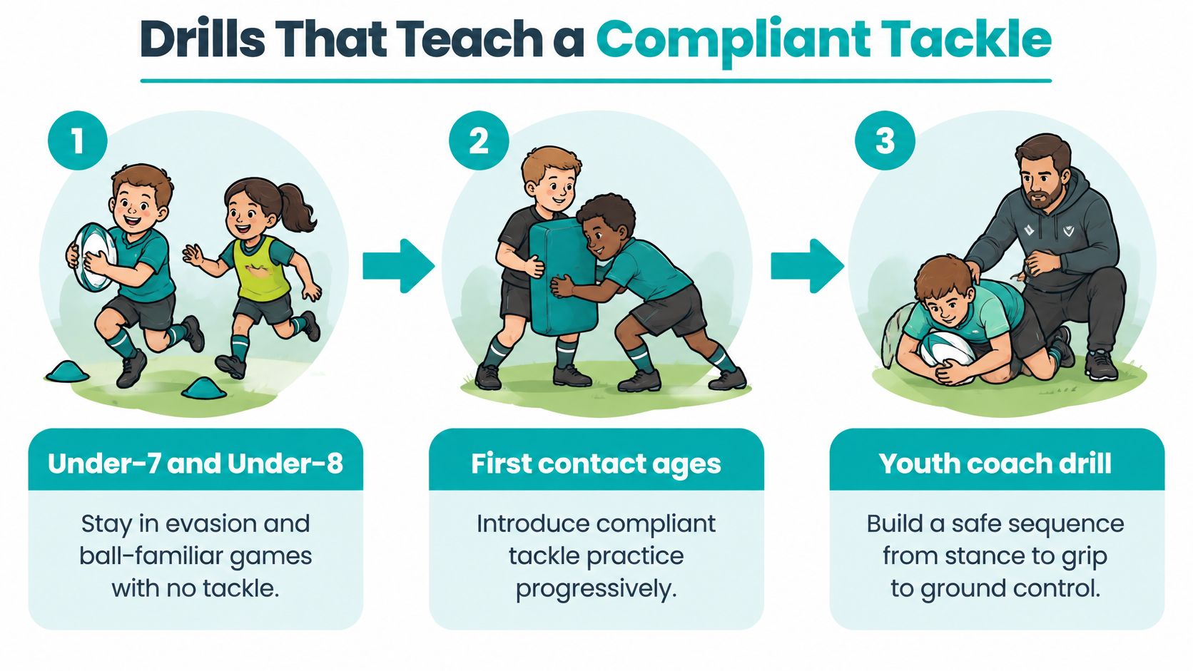 A diagram illustrating three progressive rugby drills to teach children safe and compliant tackling techniques.