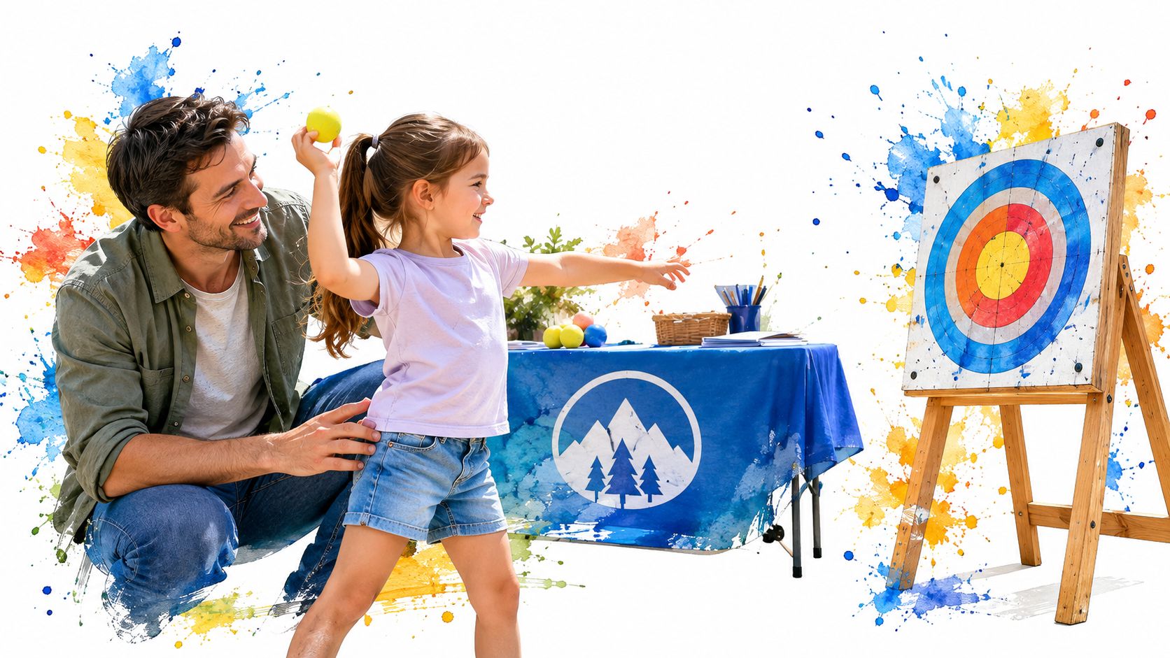 A father crouching next to his young daughter who is about to throw a ball at a target