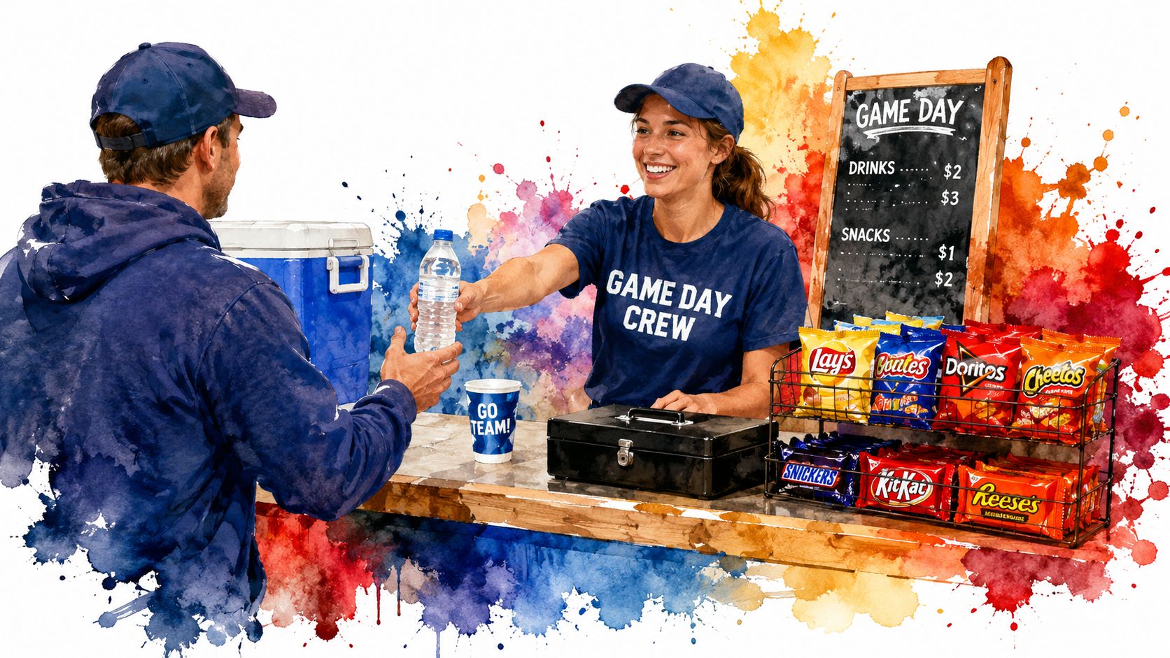 A friendly worker in a Game Day Crew t-shirt serves a customer at a snack stand.