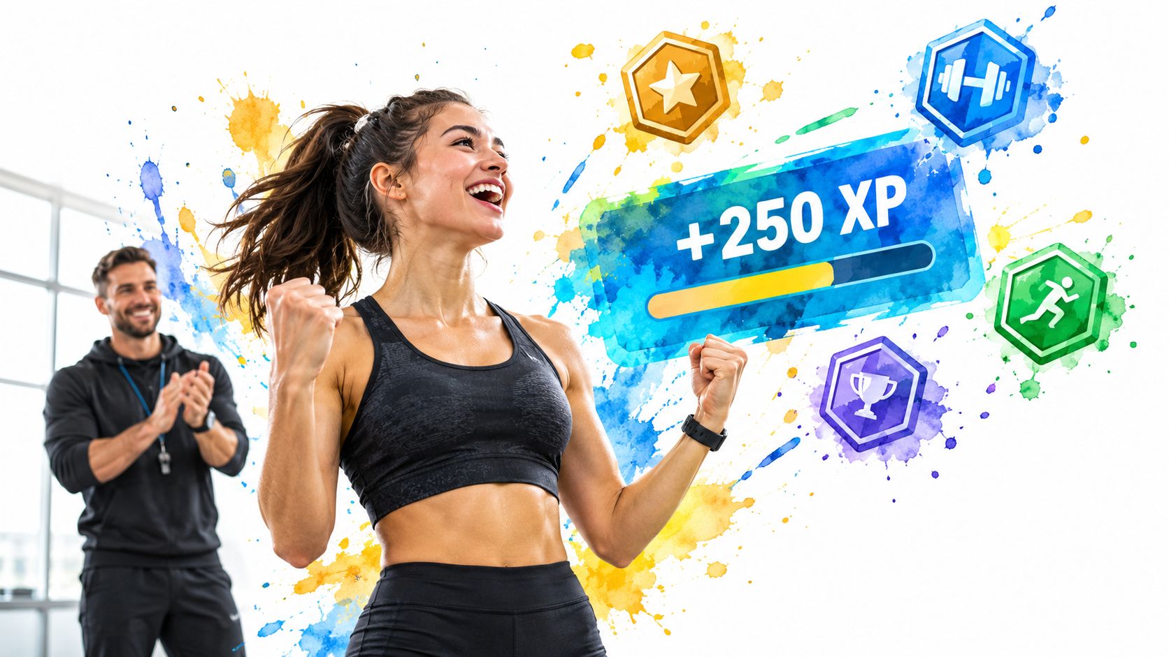 An enthusiastic woman celebrating fitness success with a digital XP progress bar and athletic achievement icons.