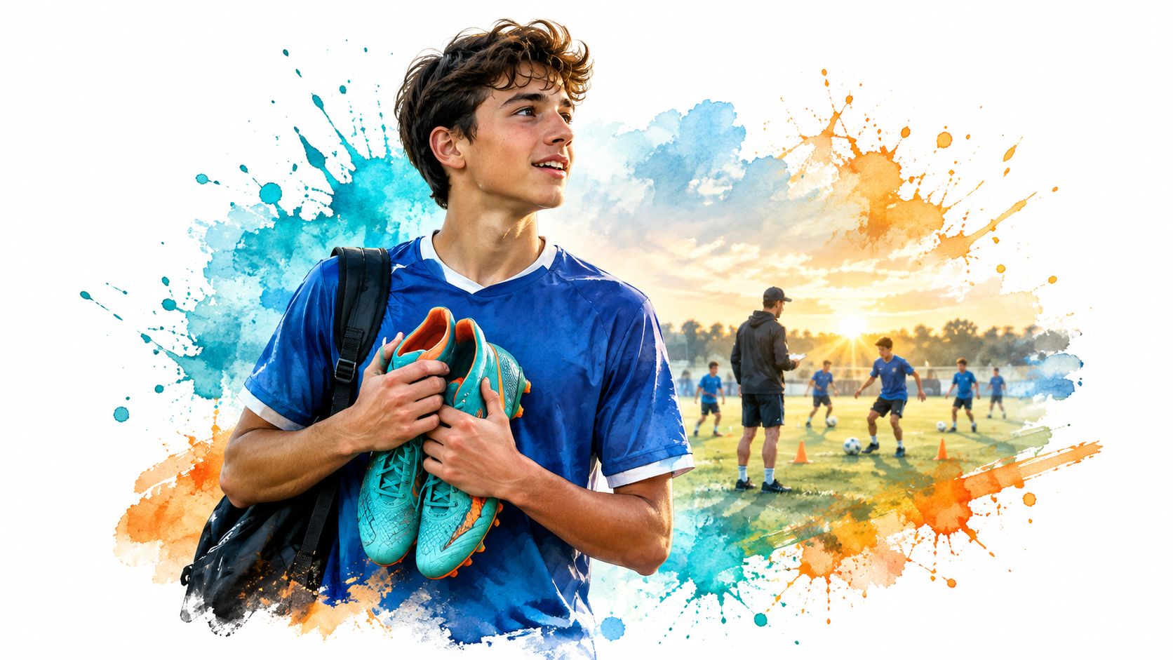 A young soccer player holding his cleats with a team practicing in the background at sunset.