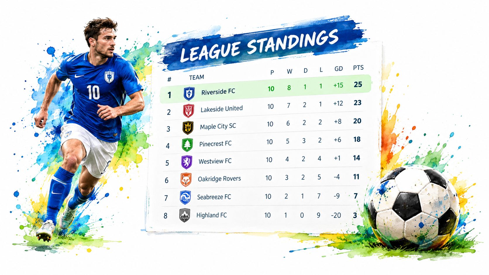 A professional soccer player runs next to a visual league standings table showing eight team rankings.