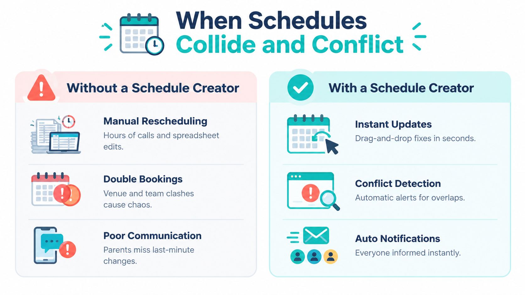 A comparison chart showing how a schedule creator improves management compared to manual spreadsheet rescheduling processes.