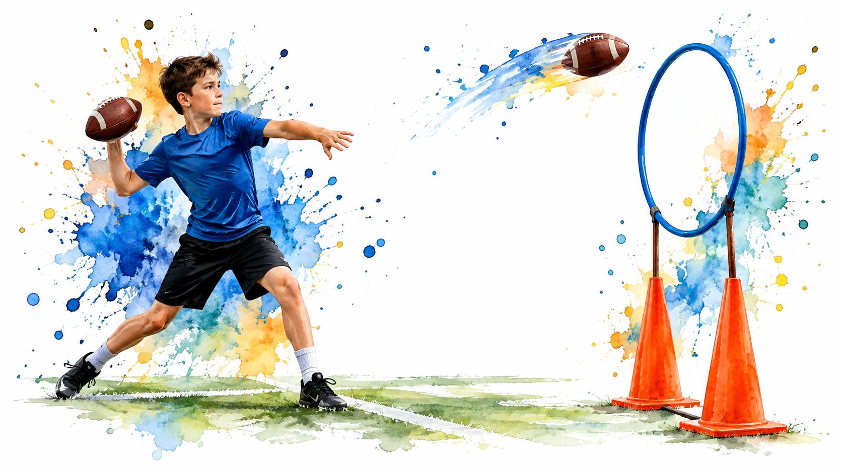 A young boy practicing passing drills in football by throwing a ball through a training hoop target.