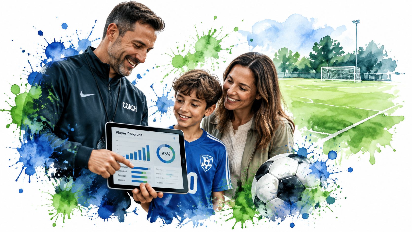 A soccer coach shows a young player and his mother digital performance progress on a tablet.