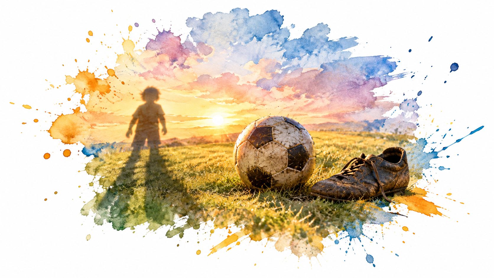 A silhouette of a child standing on a grassy field with a soccer ball and cleats at sunset.