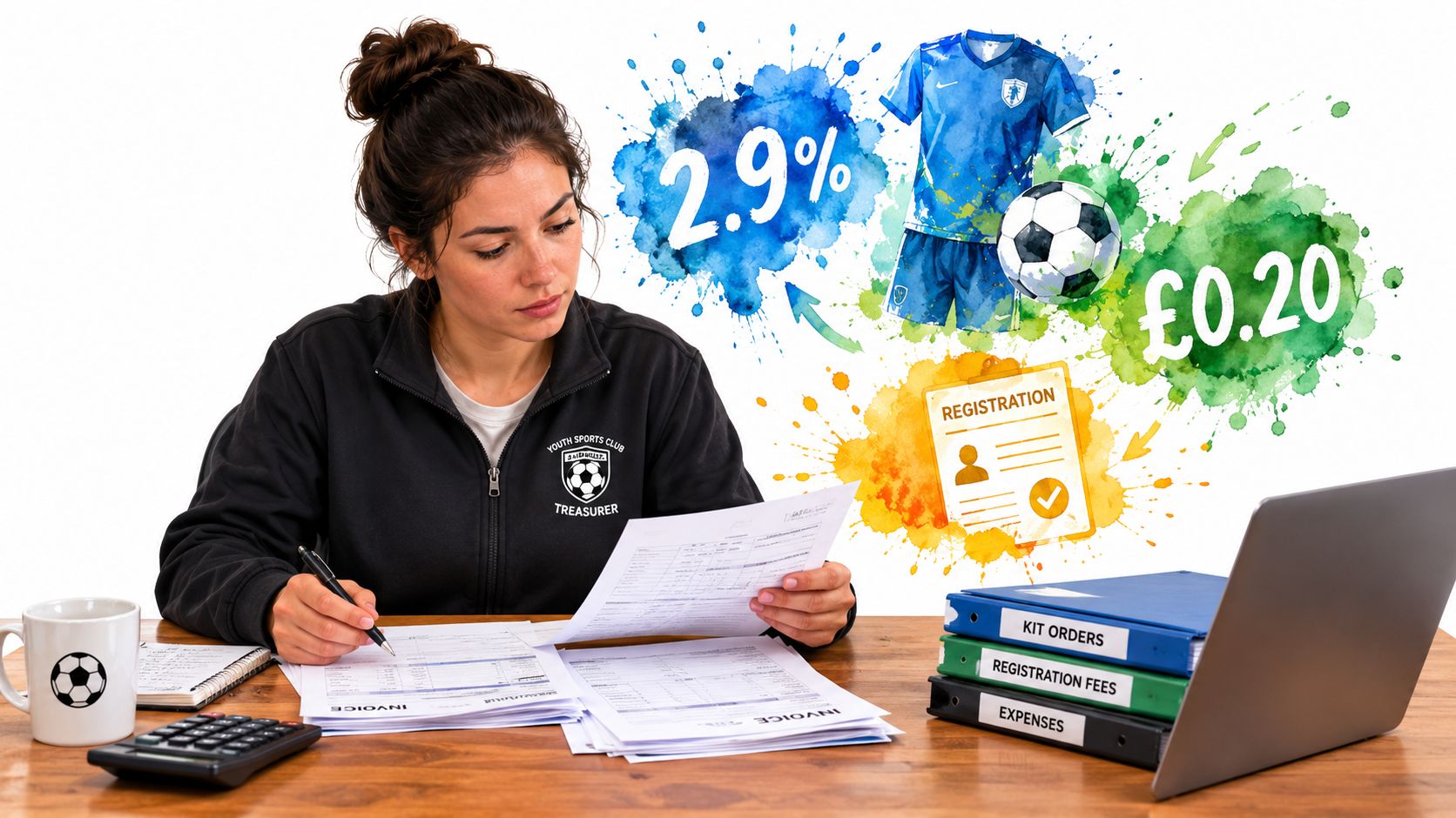 A woman working as a sports club treasurer reviewing financial documents with payment fee statistics shown nearby.