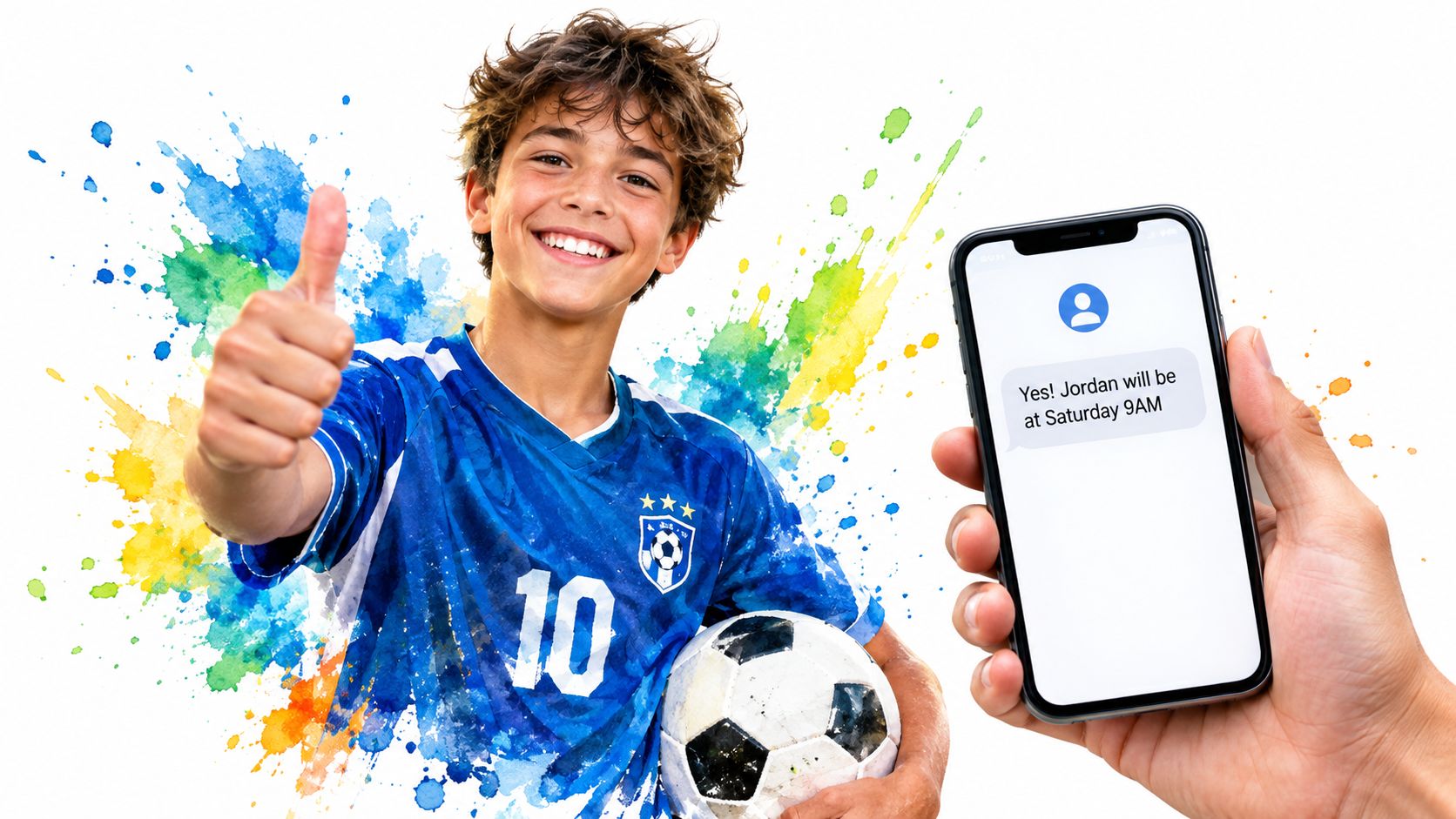 A young soccer player giving a thumbs up next to a hand holding a phone displaying a confirmation text message.