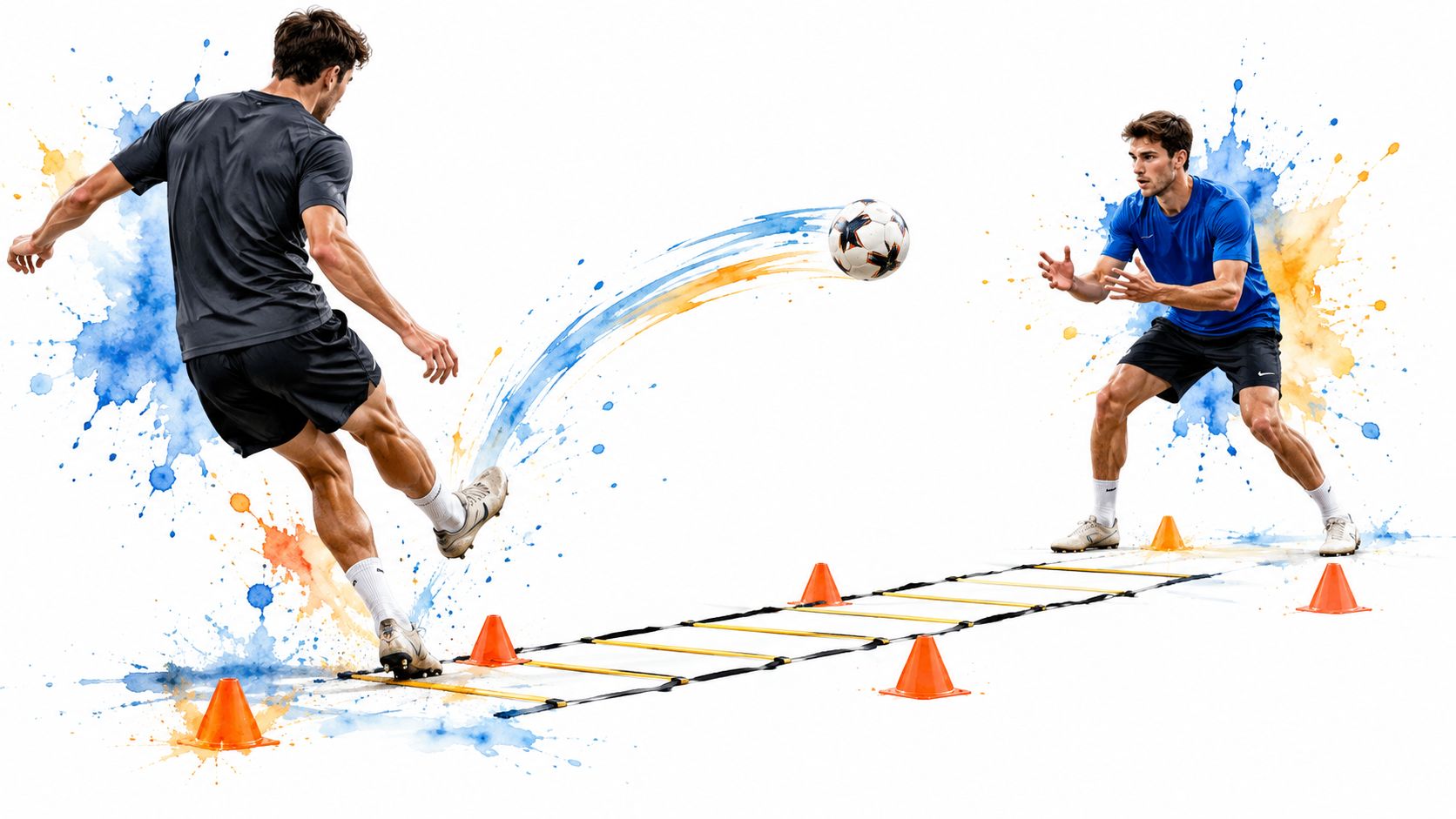 A professional athlete practicing soccer training drills with agility ladder, orange cones, and soccer ball interaction.