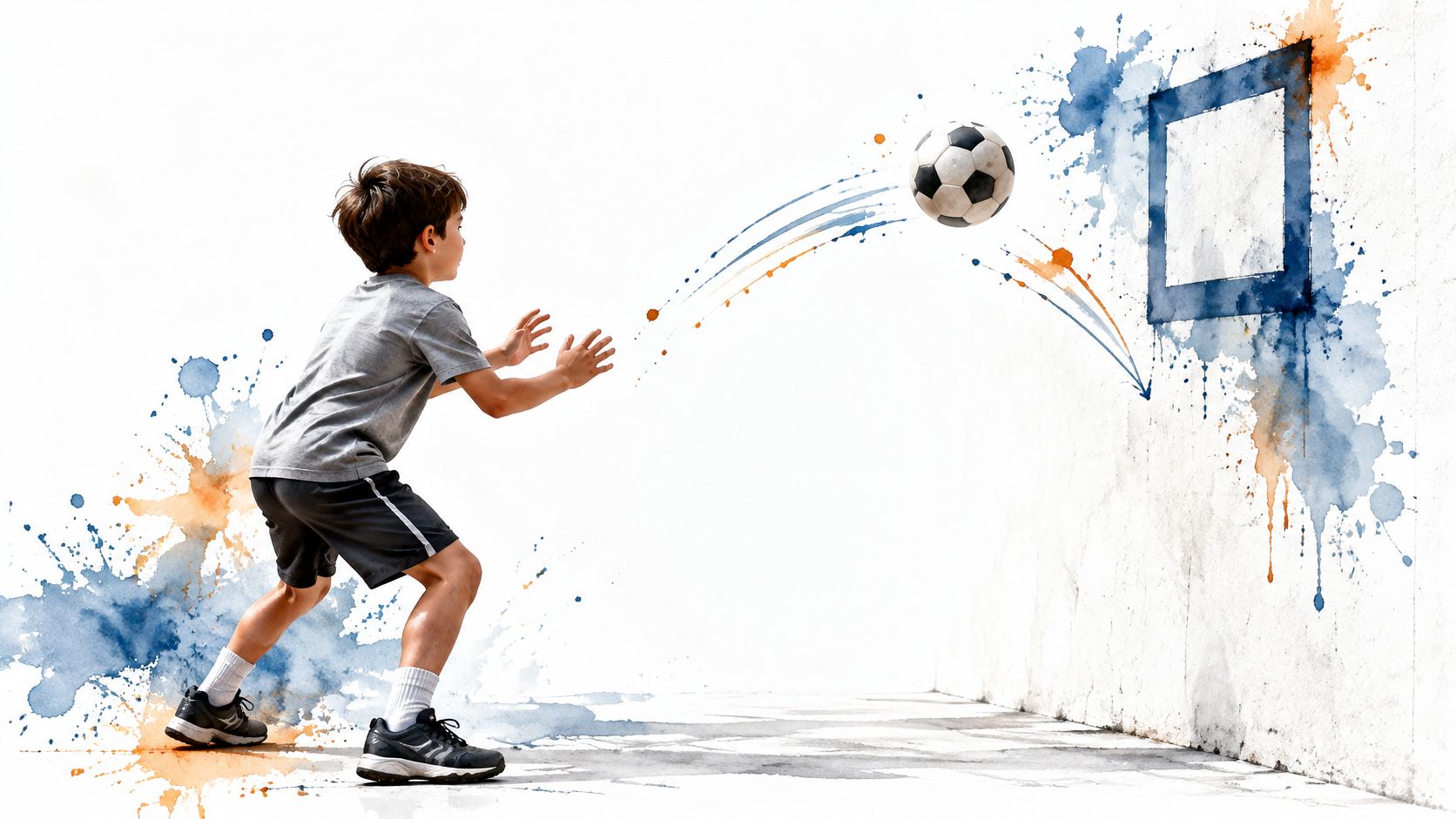 A young boy practicing passing soccer drills against a painted target on a white wall.